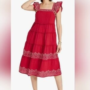 Knox Rose Women's Red Ruffle Short Sleeve Embroidered Tiered A-Line Dress Size M